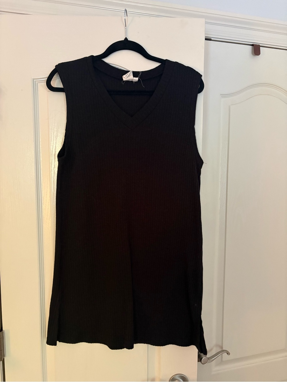 Black Sleeveless Ribbed V-Neck Dress